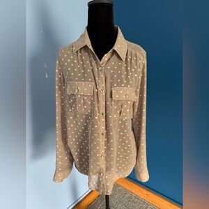 Monteau Taupe Gold Dot Button-Up Blouse with Roll-Tab Sleeves Size Small